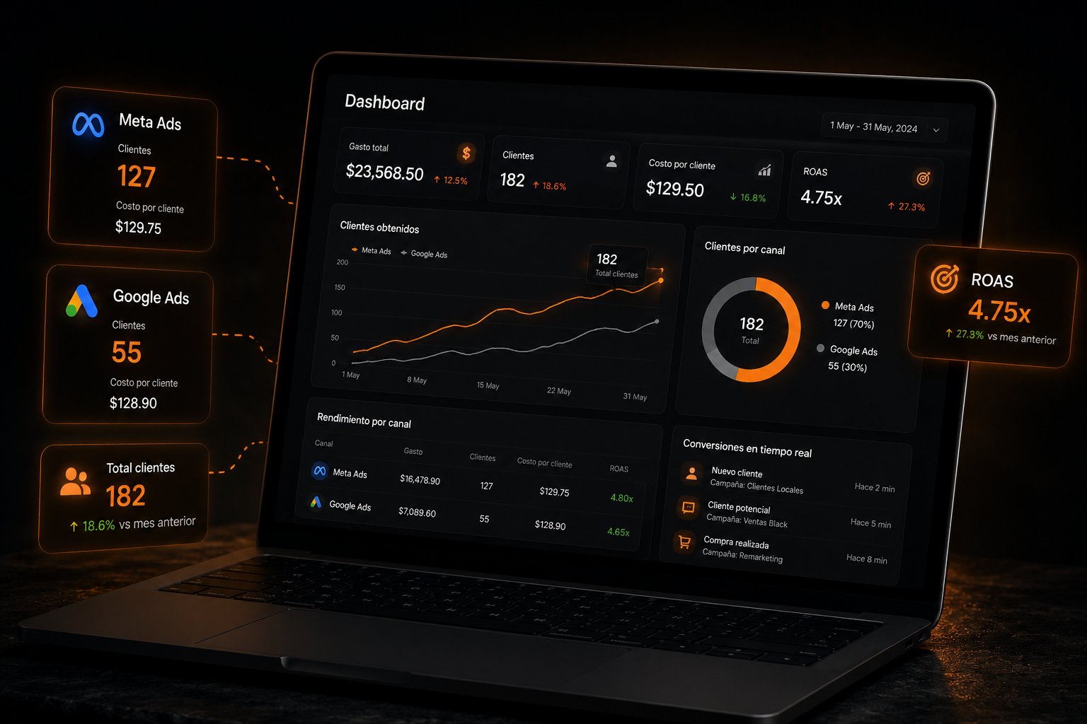 Dashboard de Meta Ads y Google Ads — Estrato Marketing